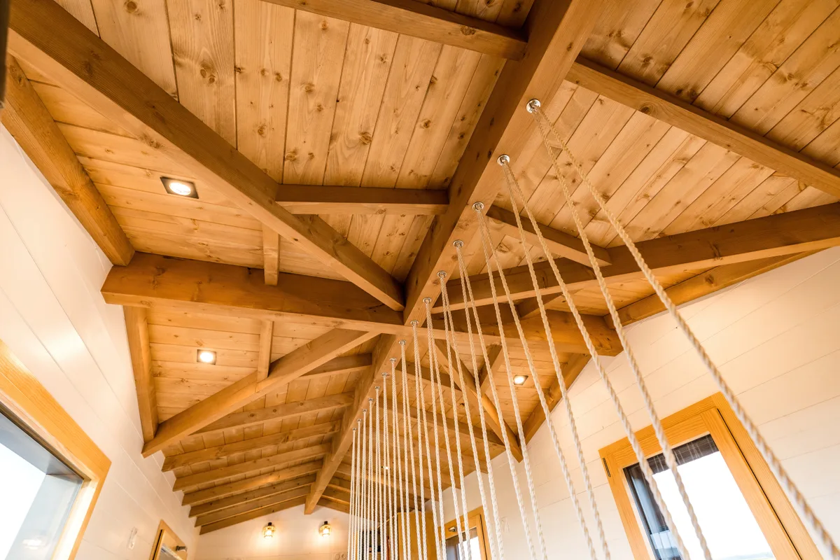 Détail de la charpente et des ouvertures de la tiny house.